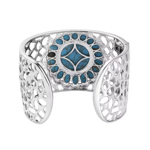 Genuine Mojave Blue Turquoise Gemstone Cuff Bracelet in Platinum Bond NWT - Picture 4 of 6